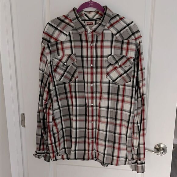 Levi's Men's Western Modern Flannel Plaid Shirt - Red and Gray Snap Buttons XXL - Picture 1 of 9